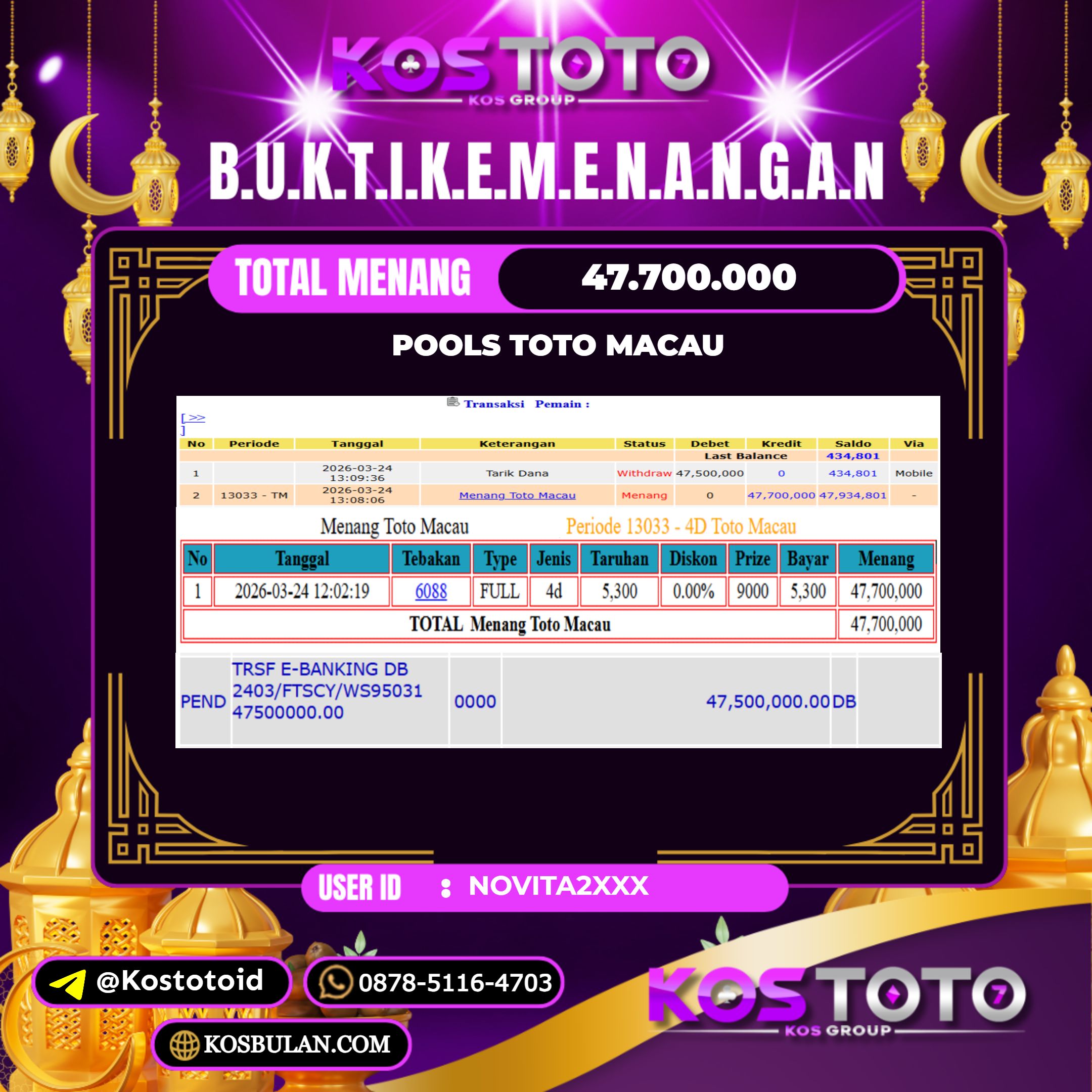 KOSTOTO JACKPOT TOGEL  TOTO MACAU Rp.47.500.000,- LUNAS USER ID : NOVITA2****