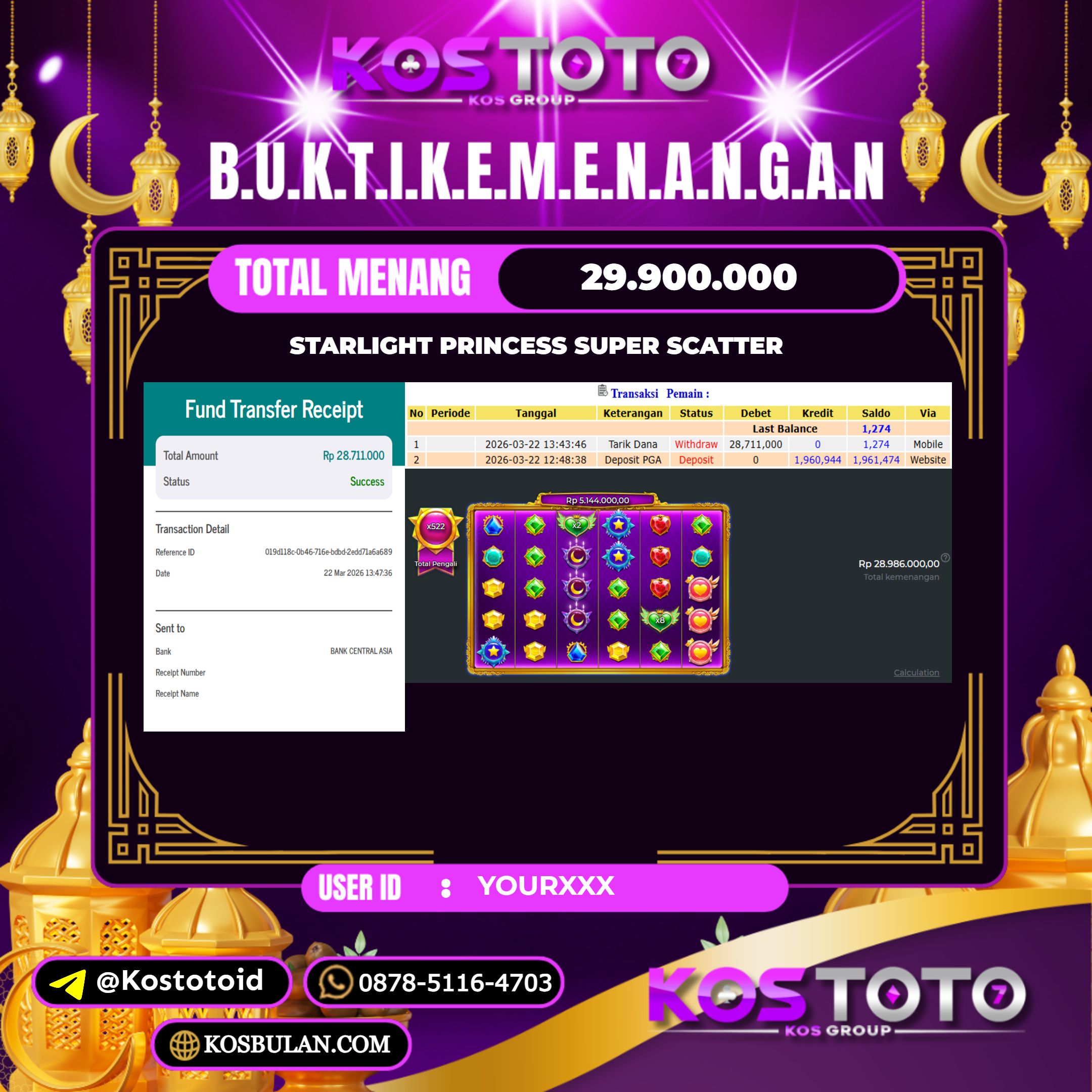 KOSTOTO JACKPOT SLOT STARLIGHT PRINCESS SUPER SCATTER Rp.29.900.000,- LUNAS USER ID : YOUR***