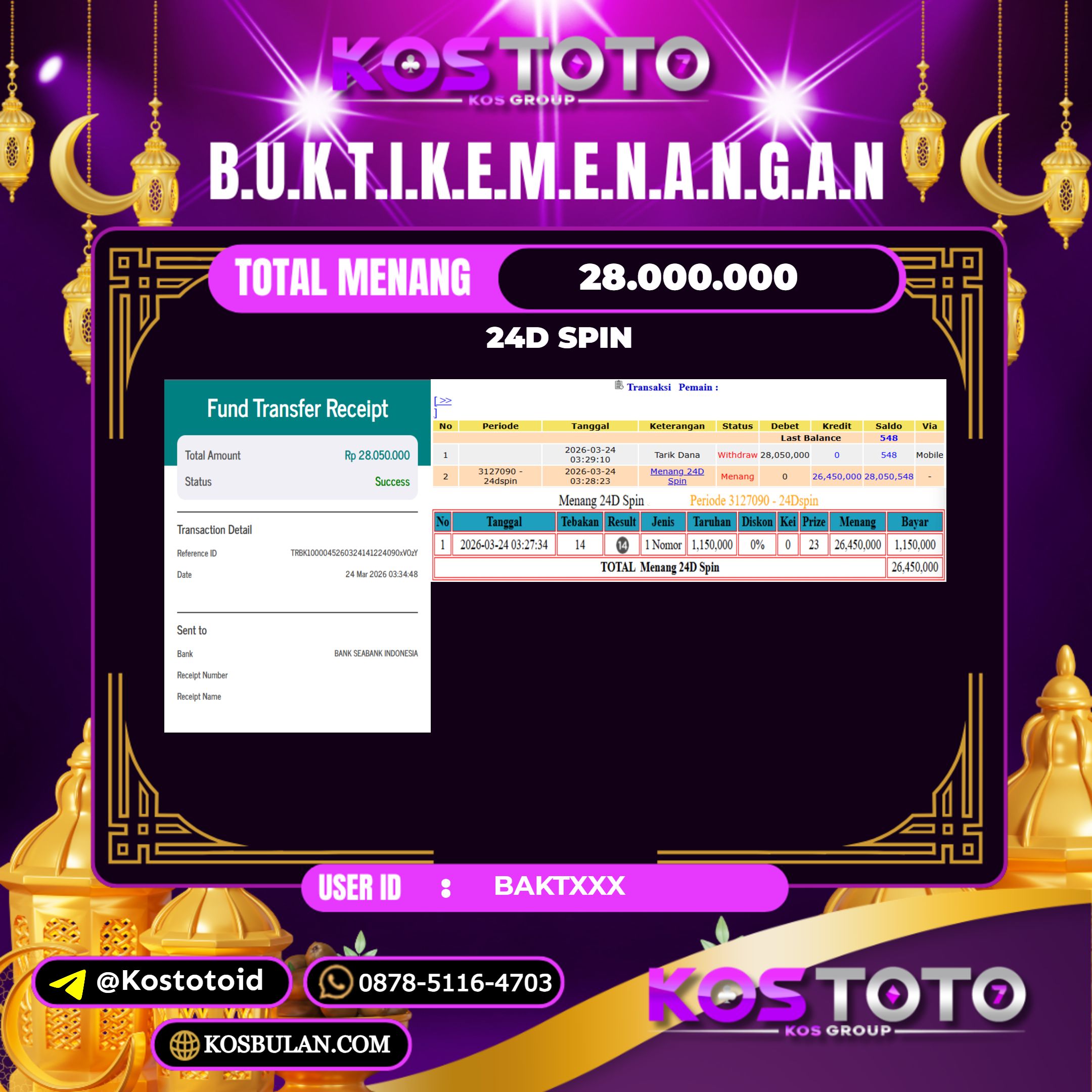 KOSTOTO JACKPOT CASINO 24D SPIN Rp.28.000.000,- LUNAS USER ID : BAKT****