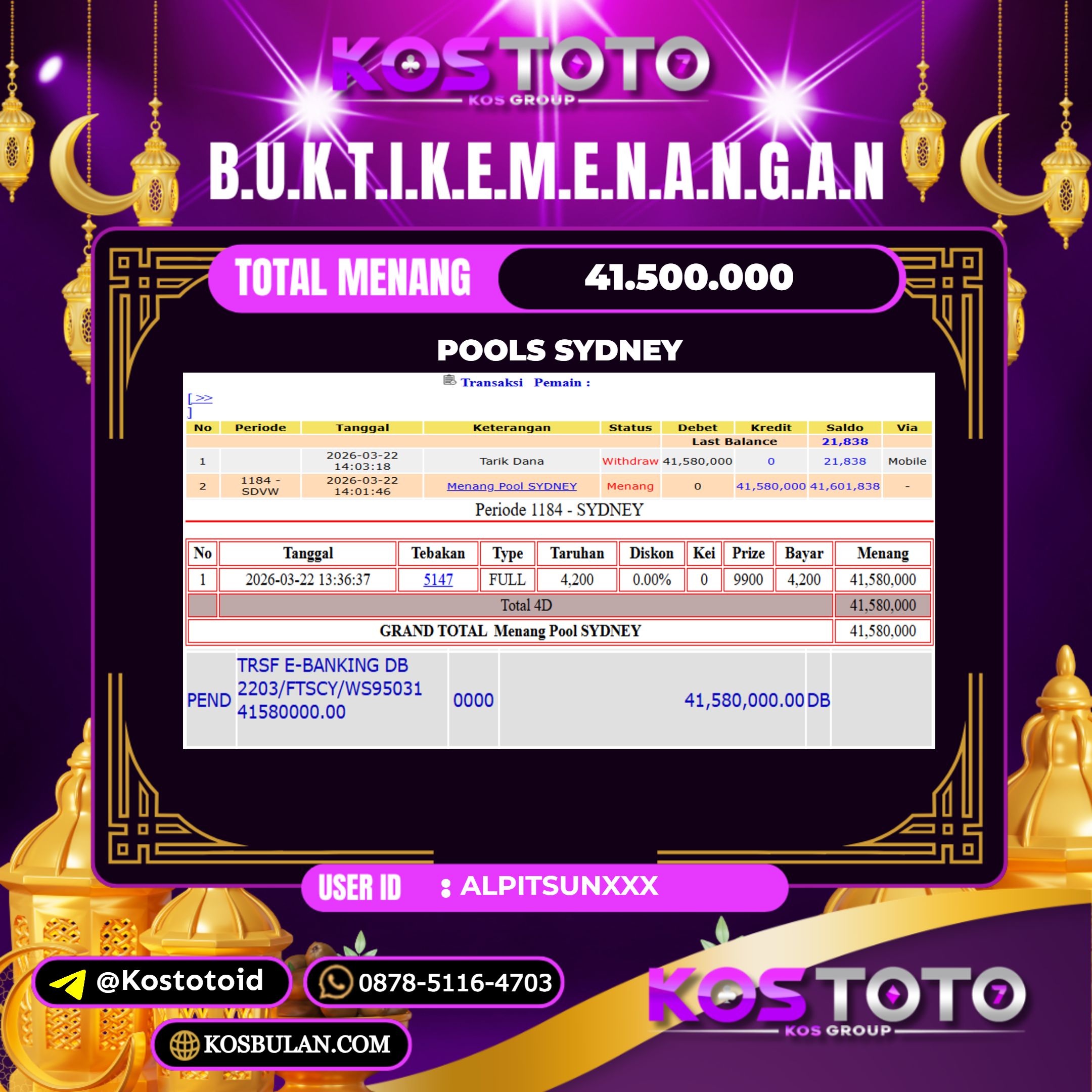KOSTOTO JACKPOT TOGEL SYDNEY Rp.41.500.000,- LUNAS USER ID : ALPITSUN****