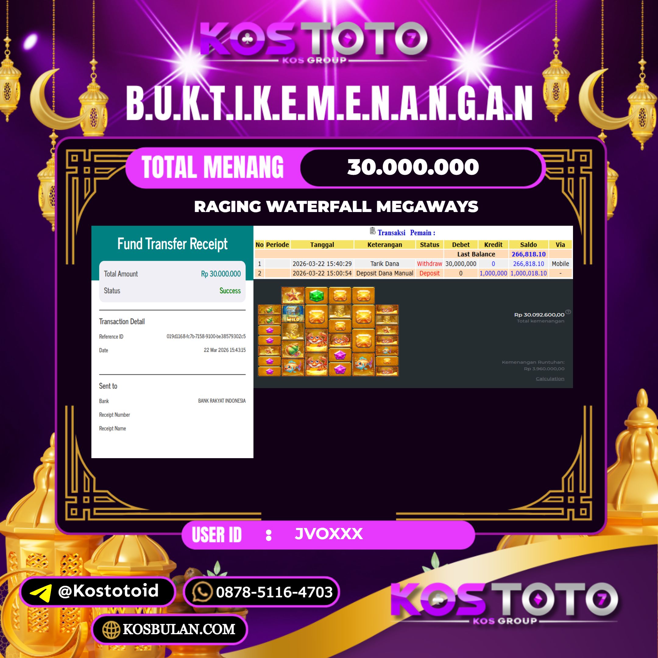 KOSTOTO JACKPOT SLOT RAGING WATERFALL MEGAWAYS Rp.30.000.000,- LUNAS USER ID : JVO***