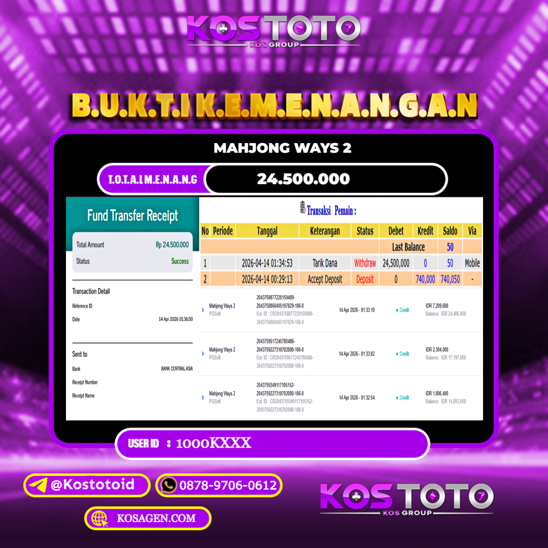 KOSTOTO JACKPOT SLOT MAHJONG WAYS 2 Rp.24.500.000,- LUNAS USER ID : 1000K***