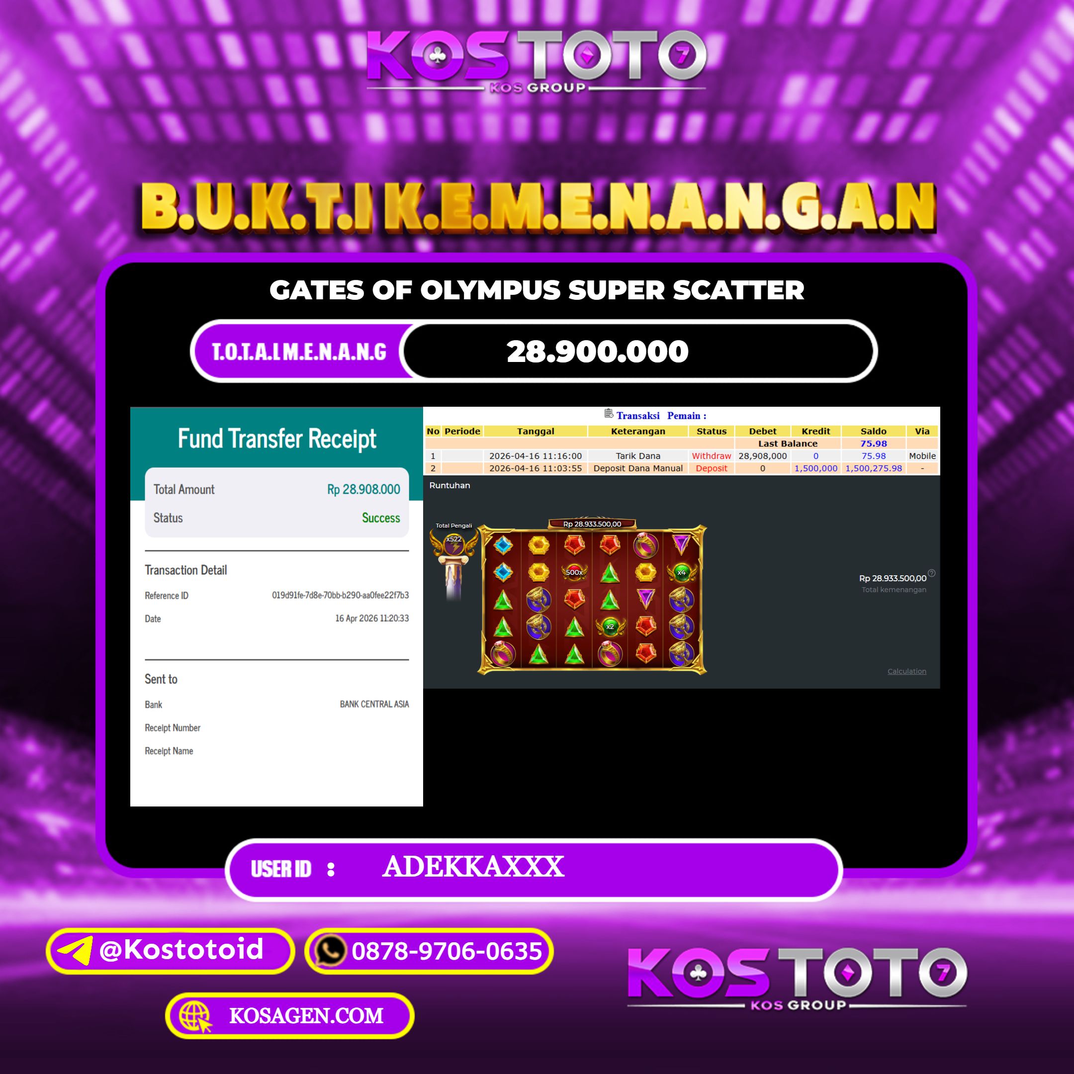 KOSTOTO JACKPOT SLOT GATES OF OLYMPUS SUPER SCATTER  Rp.28.900.000,- LUNAS USER ID : ADEKKA***