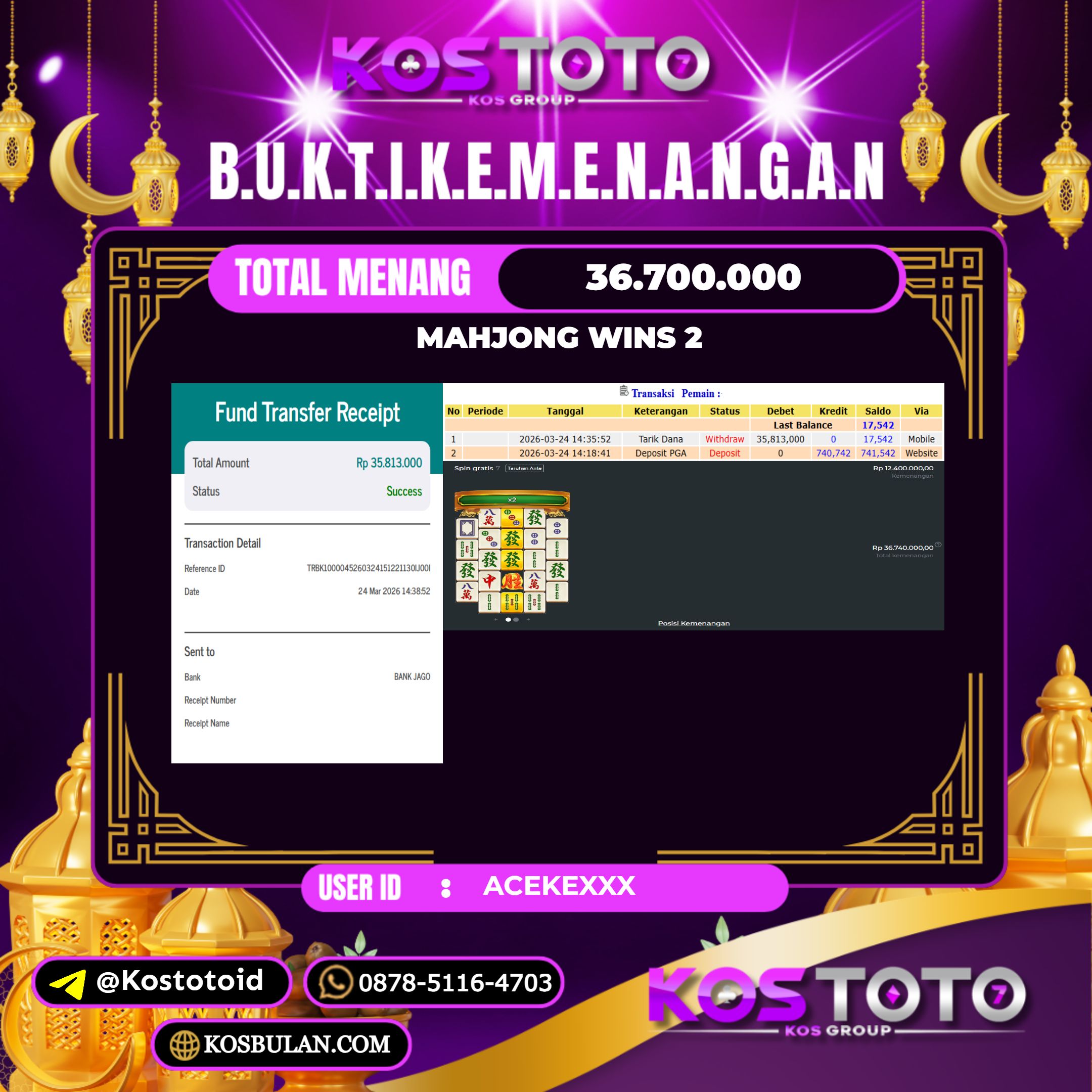 KOSTOTO JACKPOT SLOT MAHJONG WINS 2 Rp.36.700.000,- LUNAS USER ID : ACEKE***