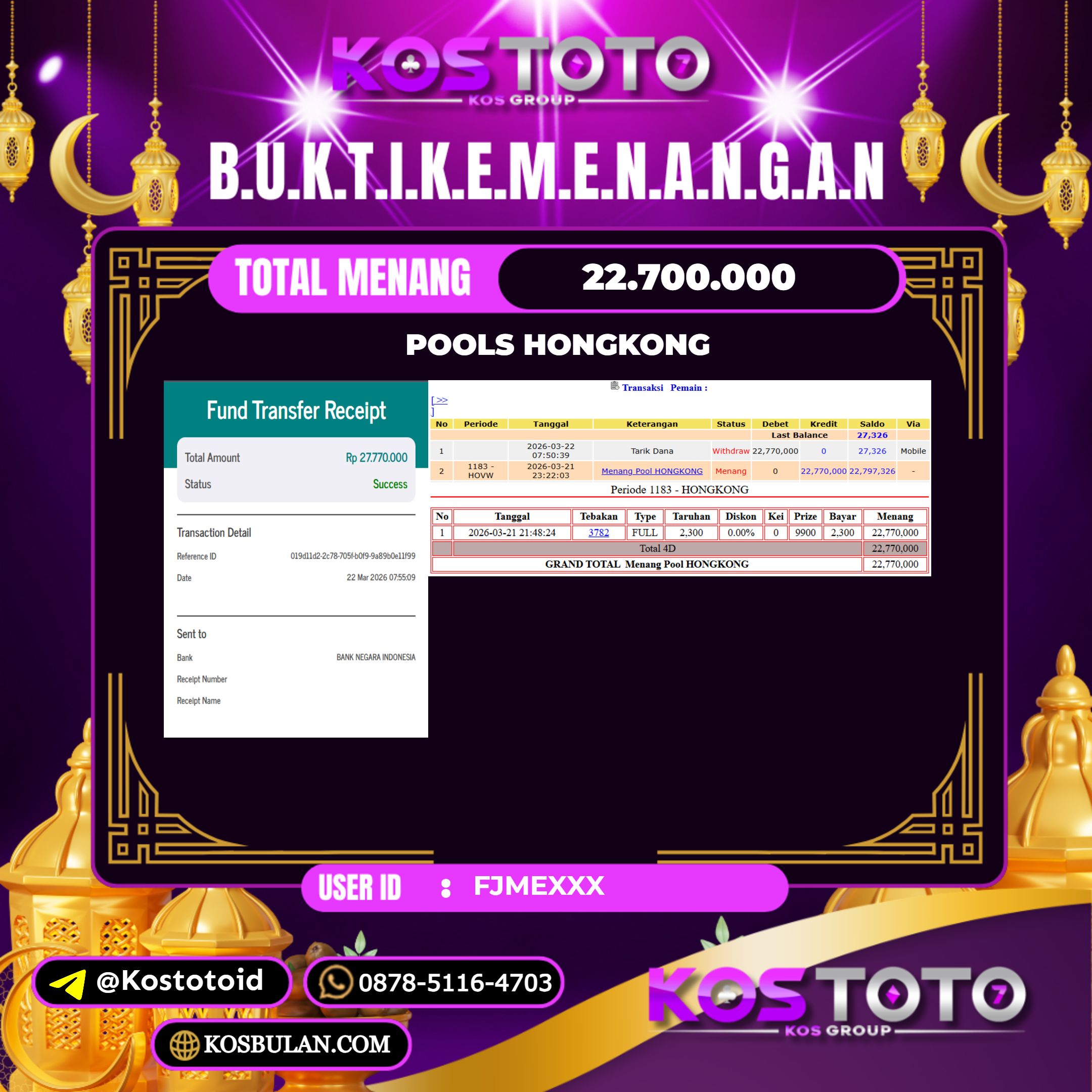 KOSTOTO JACKPOT TOGEL HONGKONG Rp.22.700.000,- LUNAS USER ID : FJME****