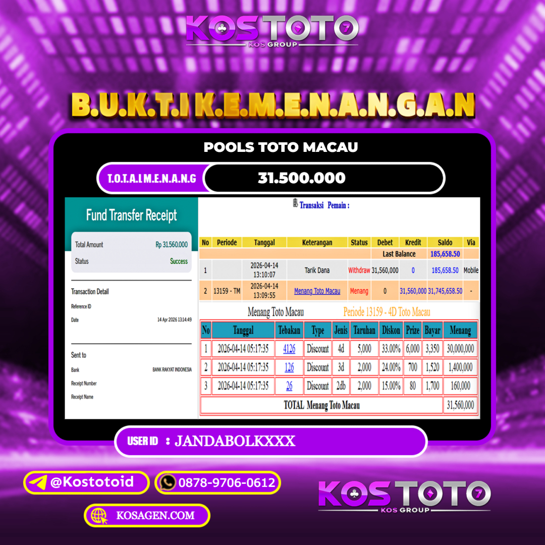 KOSTOTO JACKPOT TOGEL TOTO MACAU Rp.31.500.000,- LUNAS USER ID : JANDABOL***