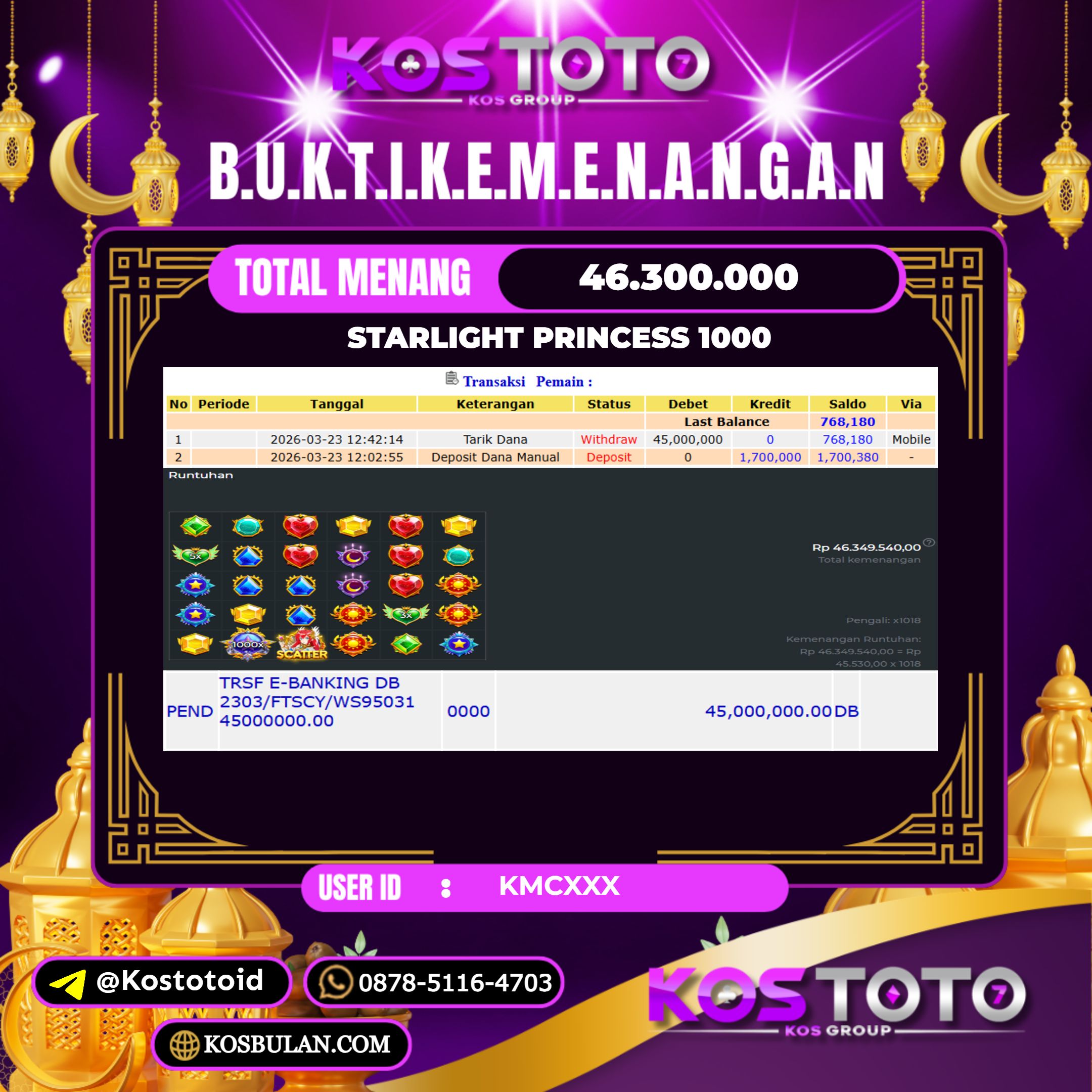KOSTOTO JACKPOT SLOT STARLIGHT PRINCESS 1000 Rp.46.300.000,- LUNAS USER ID : KMC***