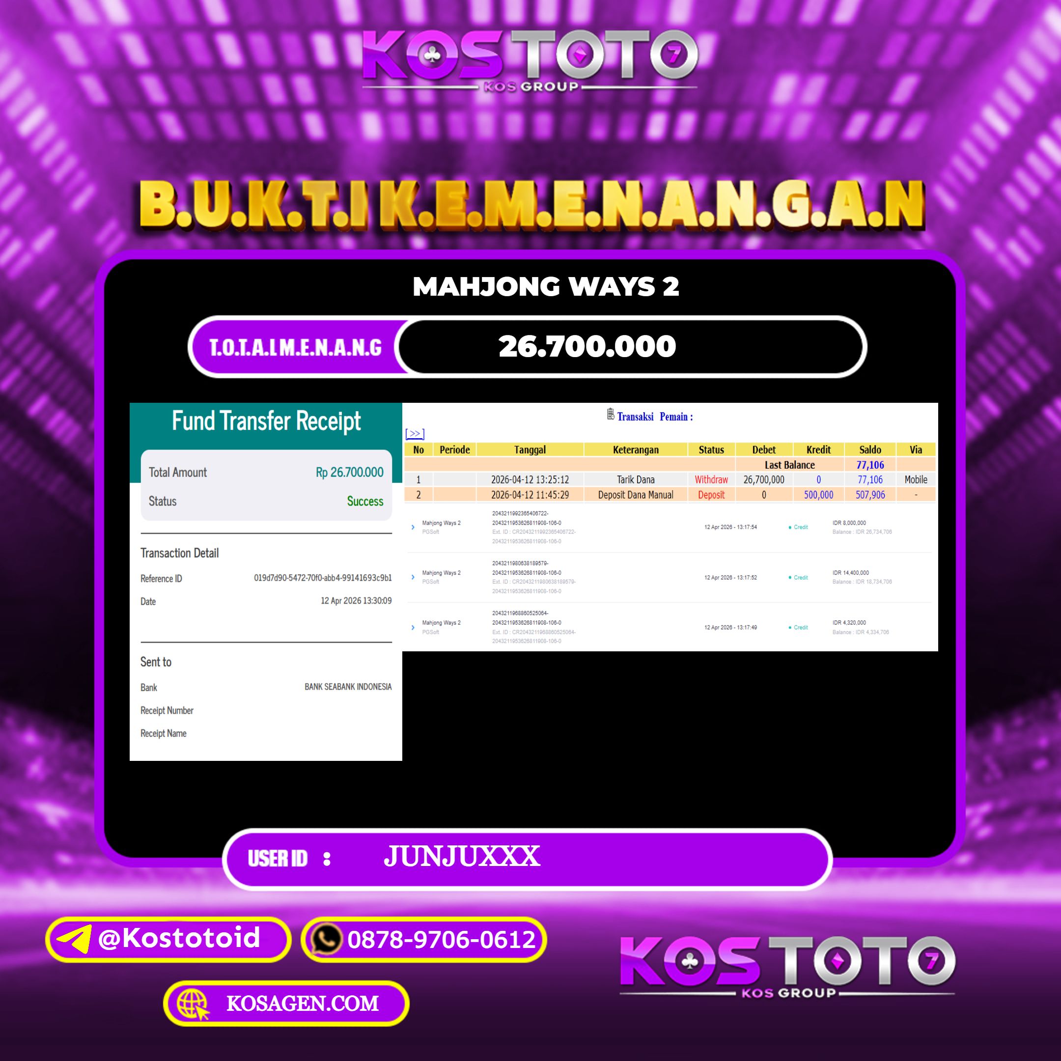 KOSTOTO JACKPOT SLOT MAHJONG WAYS 2 Rp.26.700.000,- LUNAS USER ID : JUNJU***