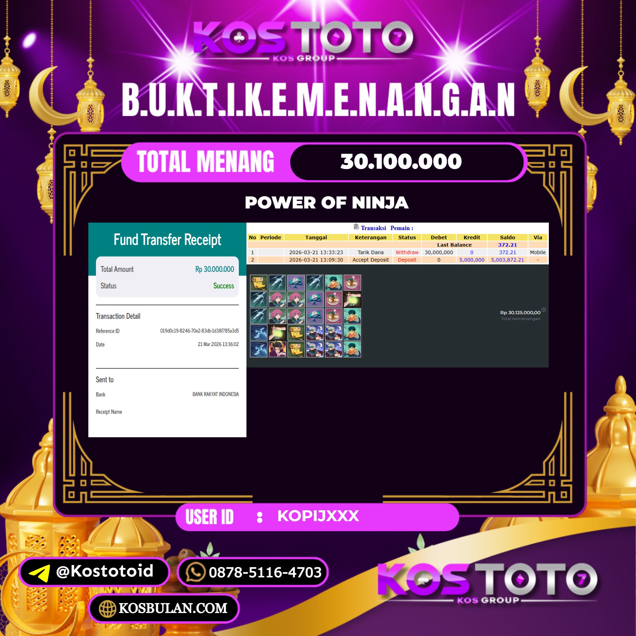 KOSTOTO JACKPOT SLOT POWER OF NINJA Rp.30.100.000,- LUNAS USER ID : KOPIJ***