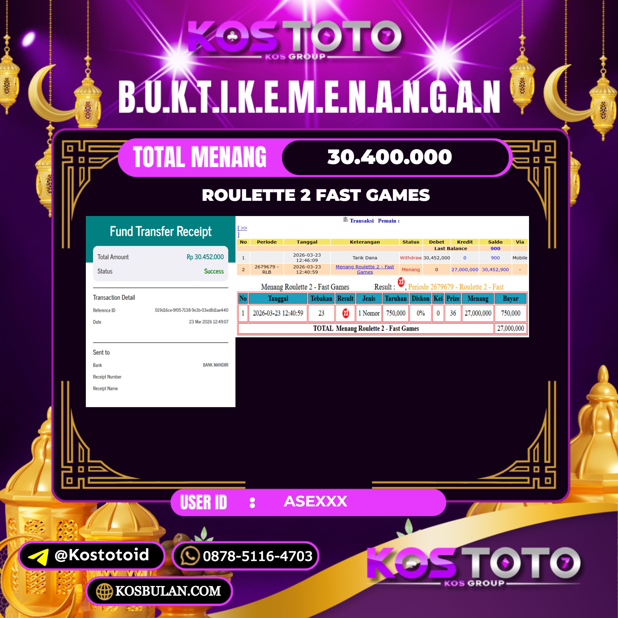 KOSTOTO JACKPOT CASINO ROULETTE 2 FAST GAMES  Rp.30.400.000,- LUNAS USER ID : ASE****