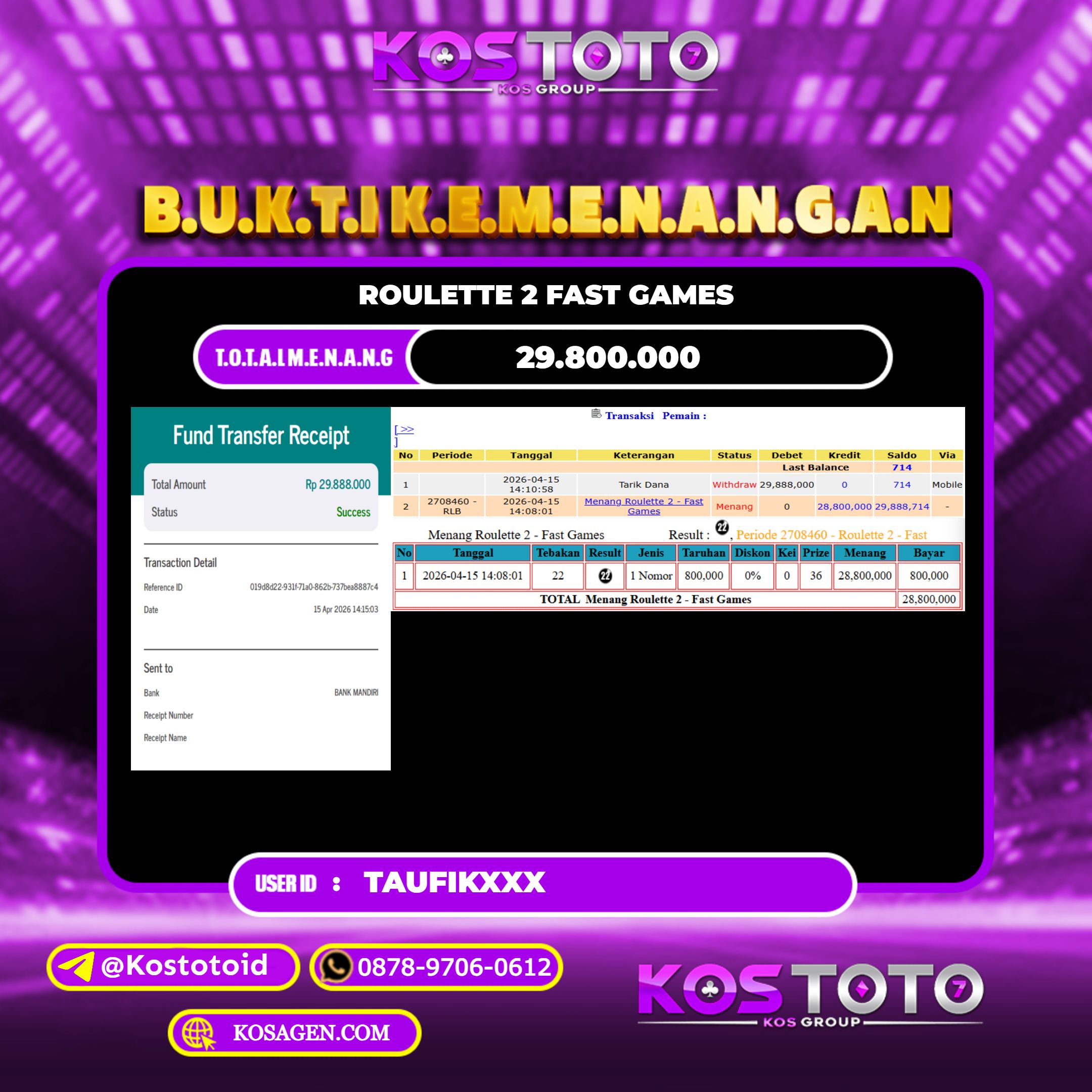 KOSTOTO JACKPOT CASINO ROULETTE 2 FAST GAMES  Rp.29.800.000,- LUNAS USER ID : TAUFIK***