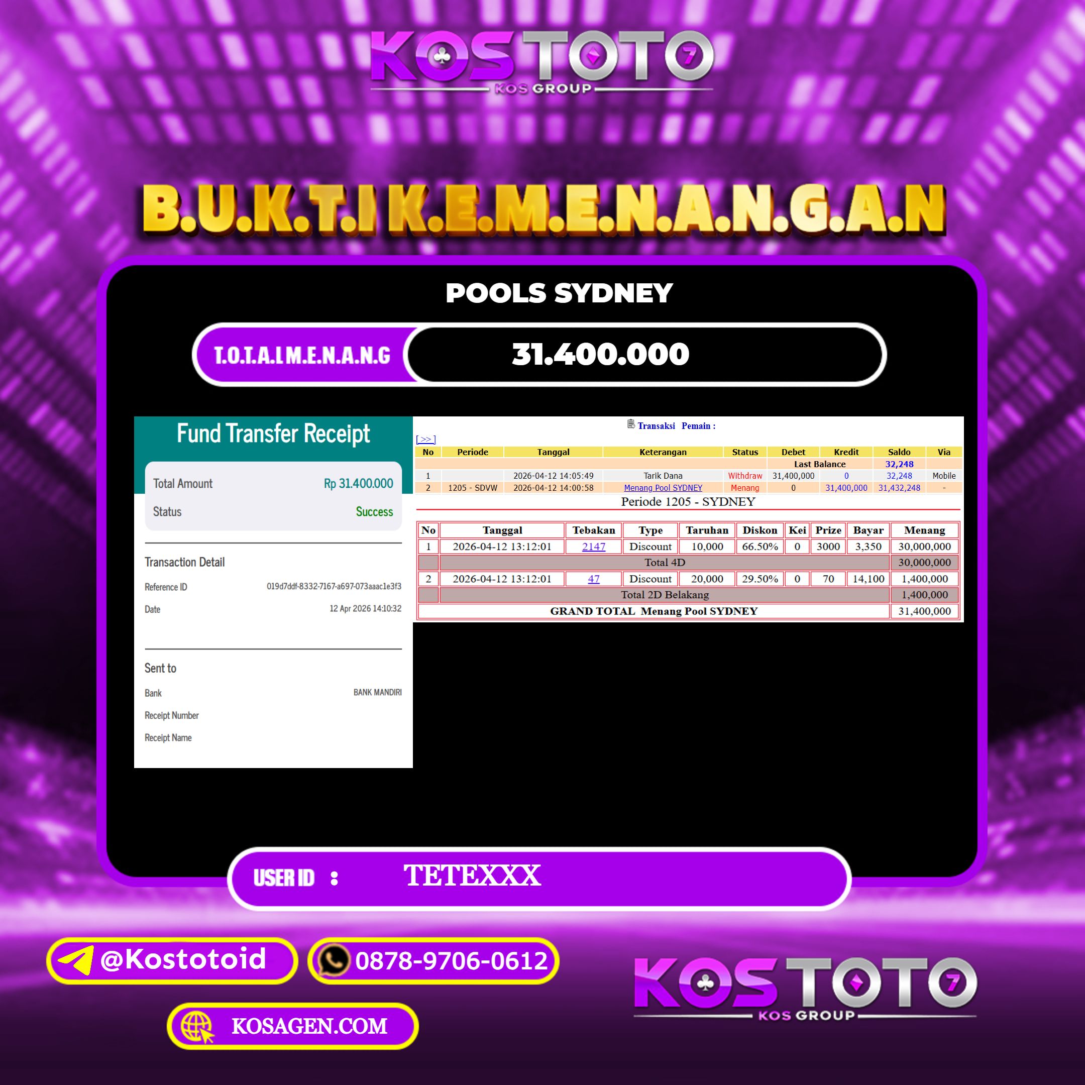 KOSTOTO JACKPOT TOGEL SYDNEY Rp.31.400.000,- LUNAS USER ID : TETE***