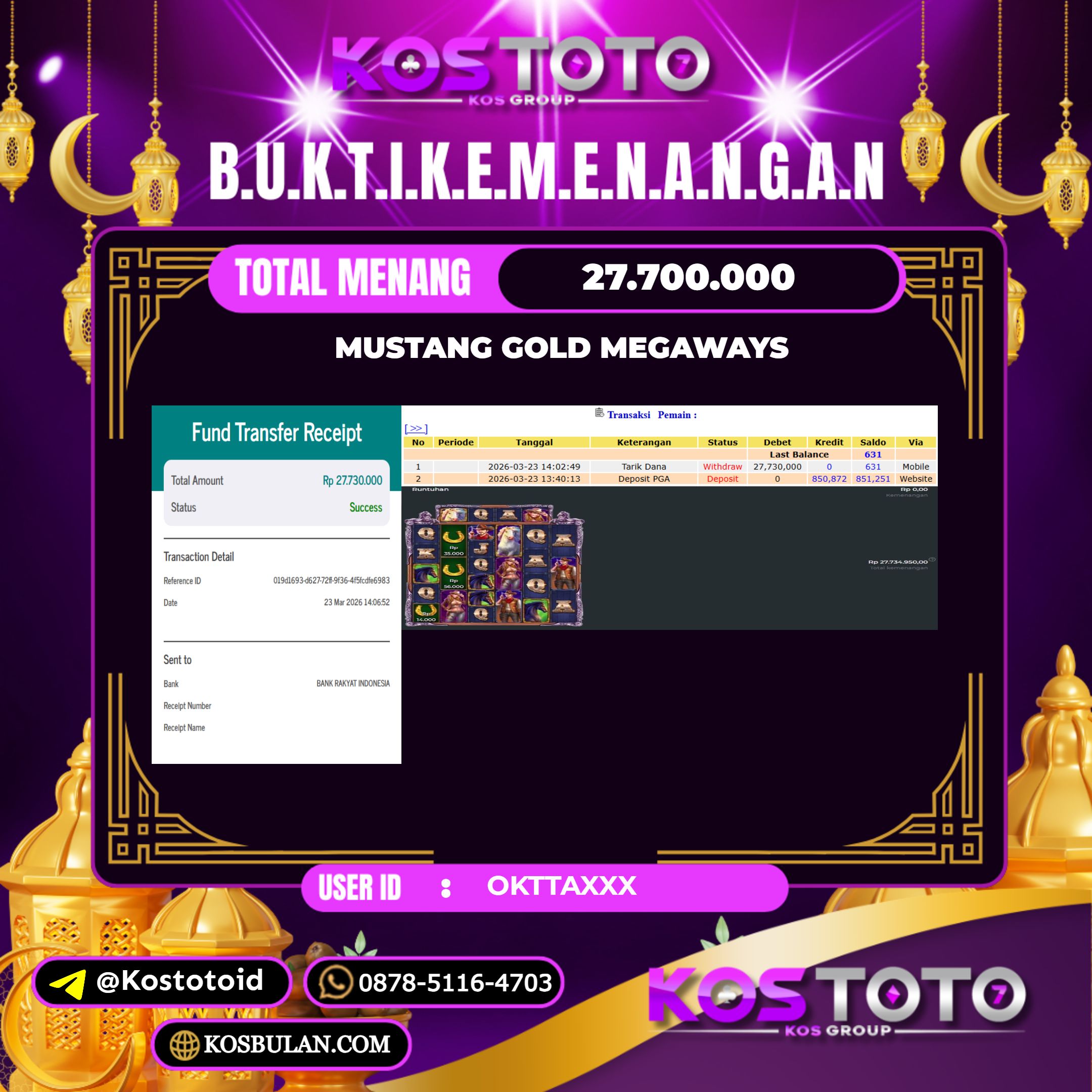 KOSTOTO JACKPOT SLOT MUSTANG GOLD MEGAWAYS Rp.27.700.000,- LUNAS USER ID : OKTTA***
