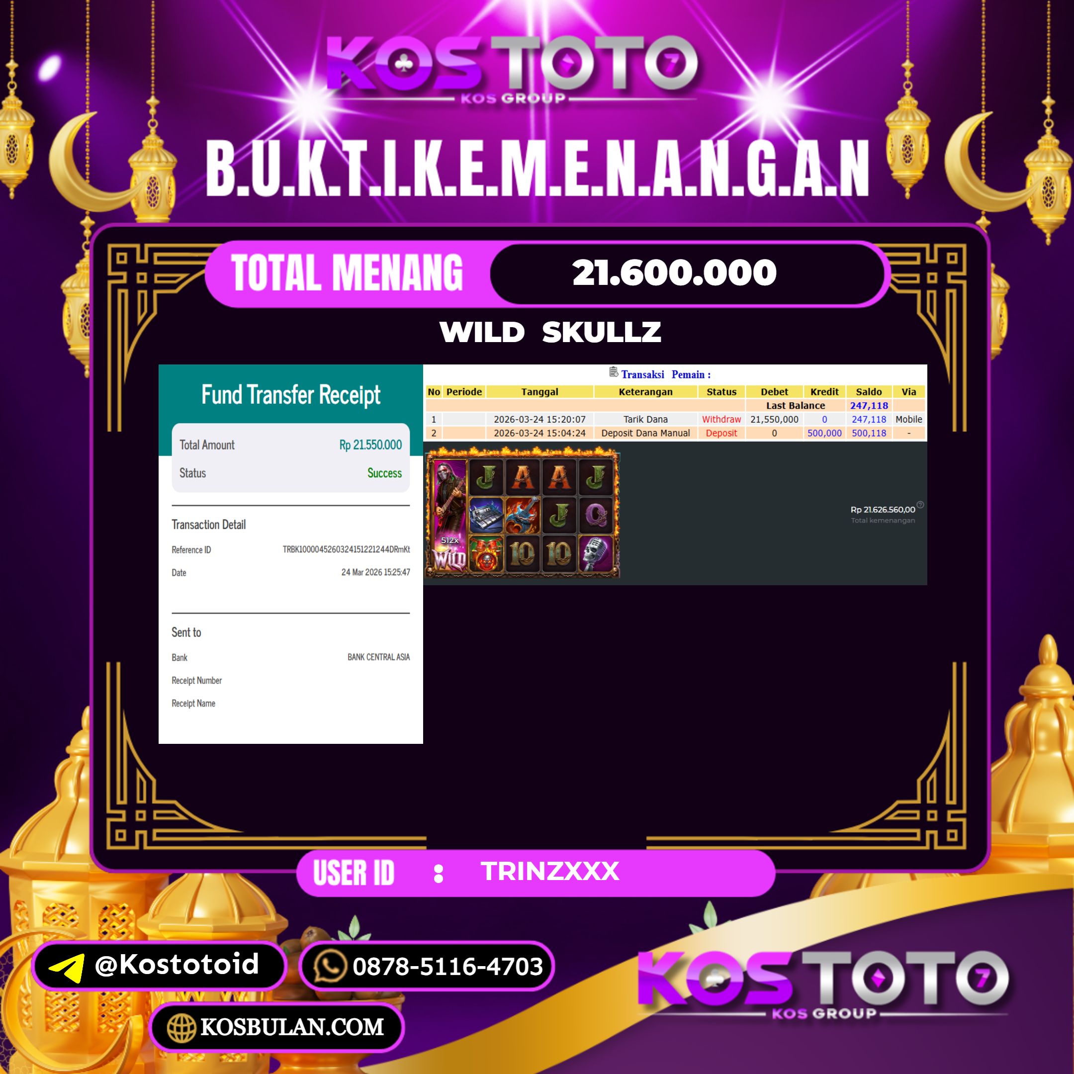 KOSTOTO JACKPOT SLOT WILD SKULLZ  Rp.21.600.000,- LUNAS USER ID : TRINZ***