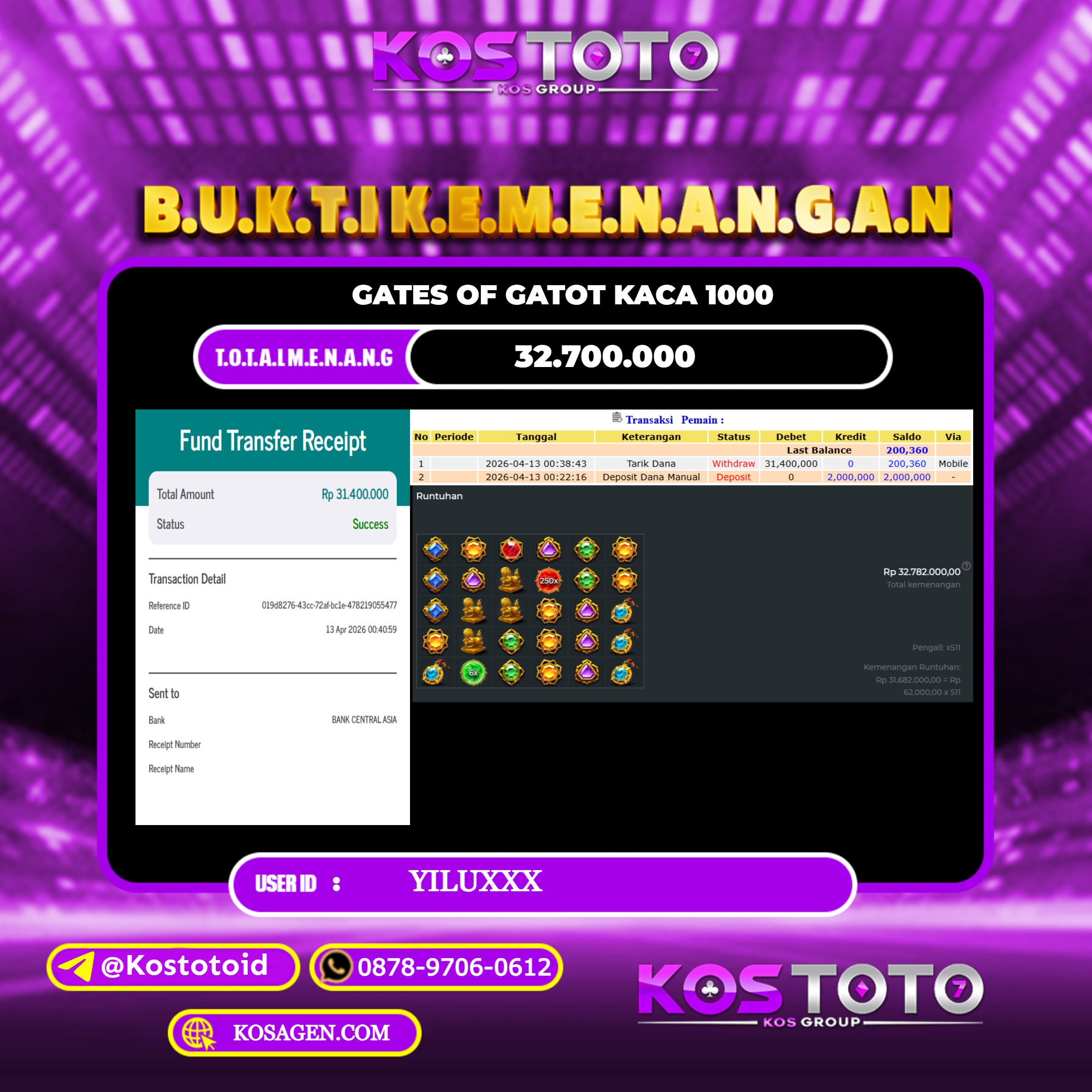 KOSTOTO JACKPOT SLOT GATES OF GATOT KACA 1000  Rp.32.700.000,- LUNAS USER ID : YILU***